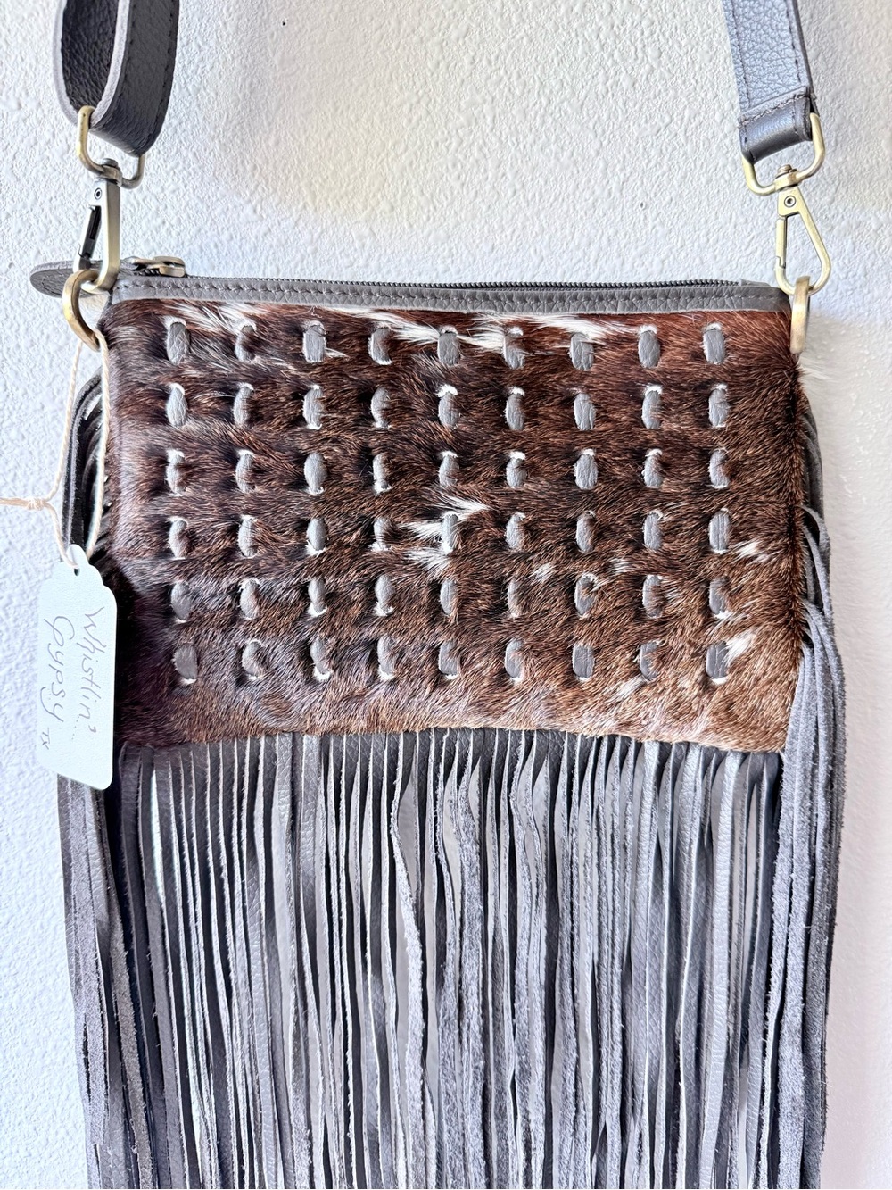 Stunning Fringe Crossbody Bag Festival Western Cowhide Hair on Hide Leather